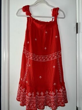 Free People Red Embroidered Sleeveless Tunic Top